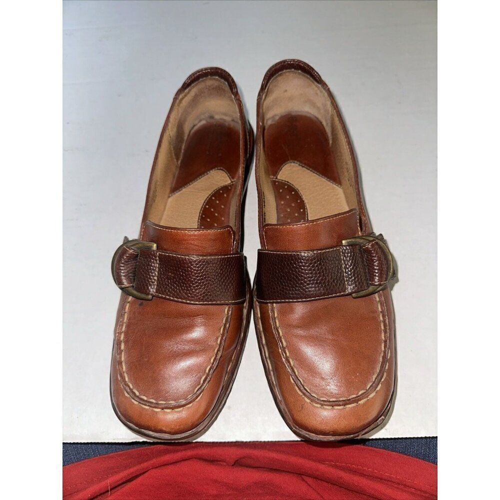 Born Shoes Womens 11 Medium Leather Brown Buckle Slip On Loafers